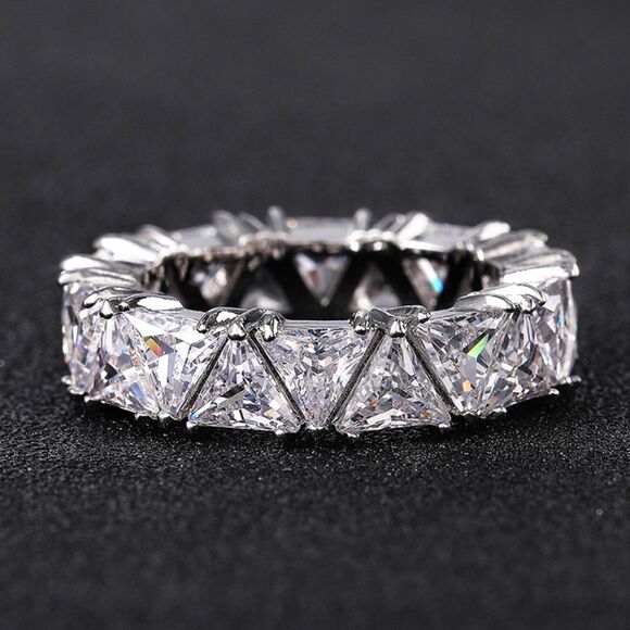 High Sparkle Luxury 925 Silver Triangular Zircon Ring AAA Zircon Crystal Band - Picture 3 of 9